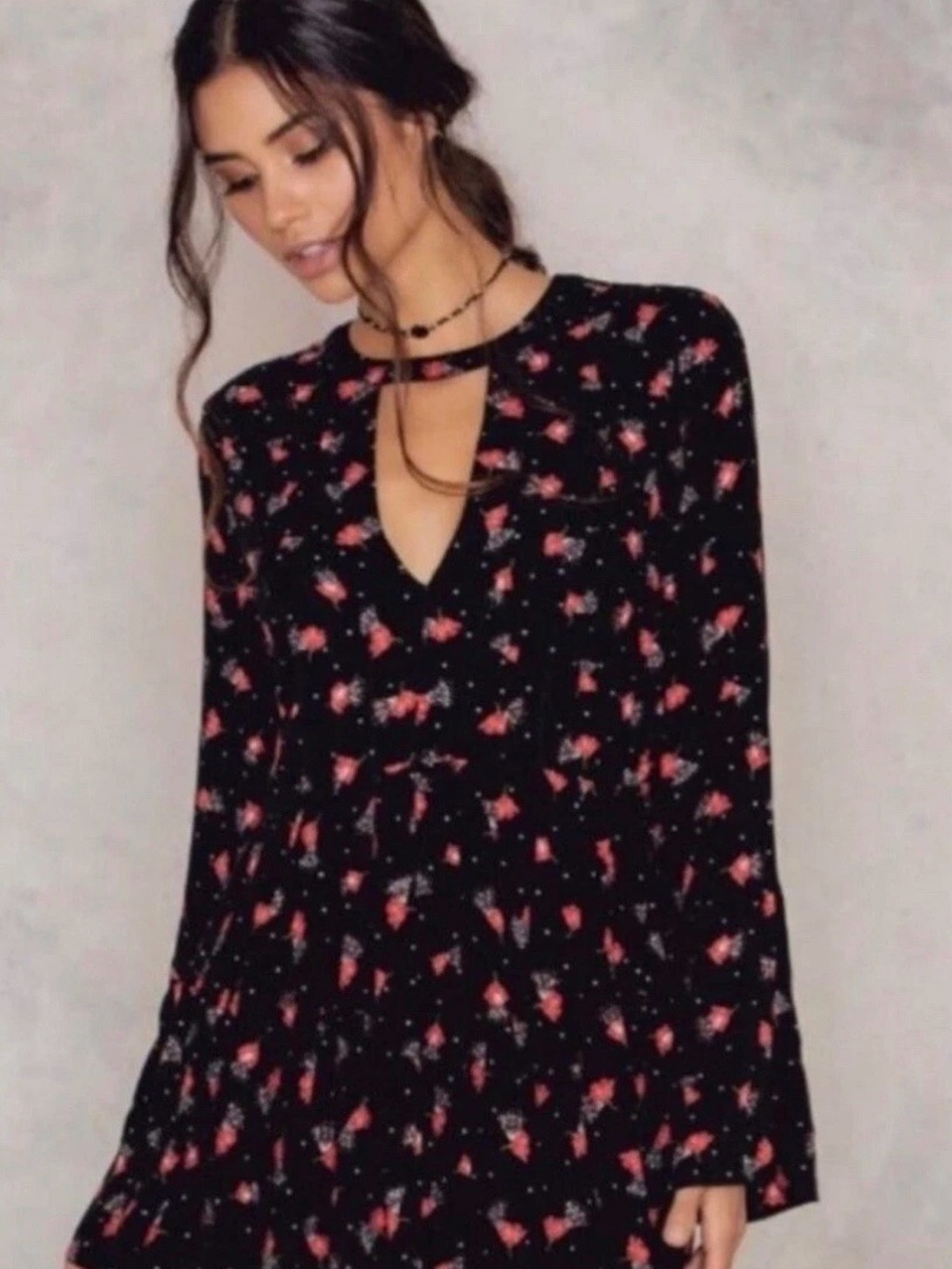 Free People Tegan Mini Dress with Floral Print, Keyhole, and Bell Sleeves